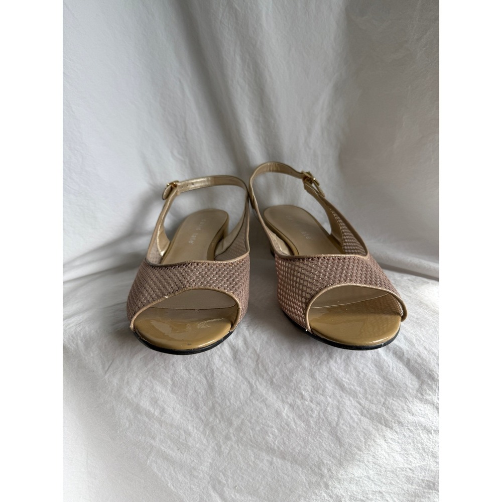 David Tate Dawn Tan Mesh Patent Leather Slingback Peep Toe Block Heels 9.5WW